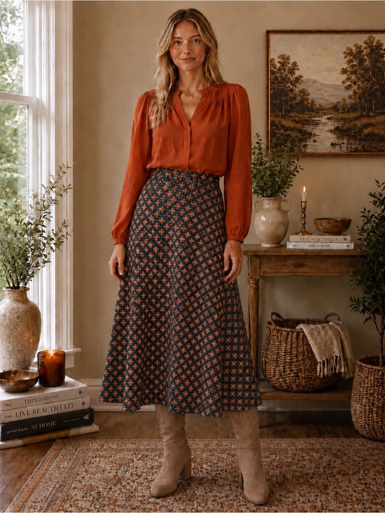 Tulip B Dresses & Skirts - Women's Teal Flannel Midi Skirt with Rust Floral Print Vintage Inspired